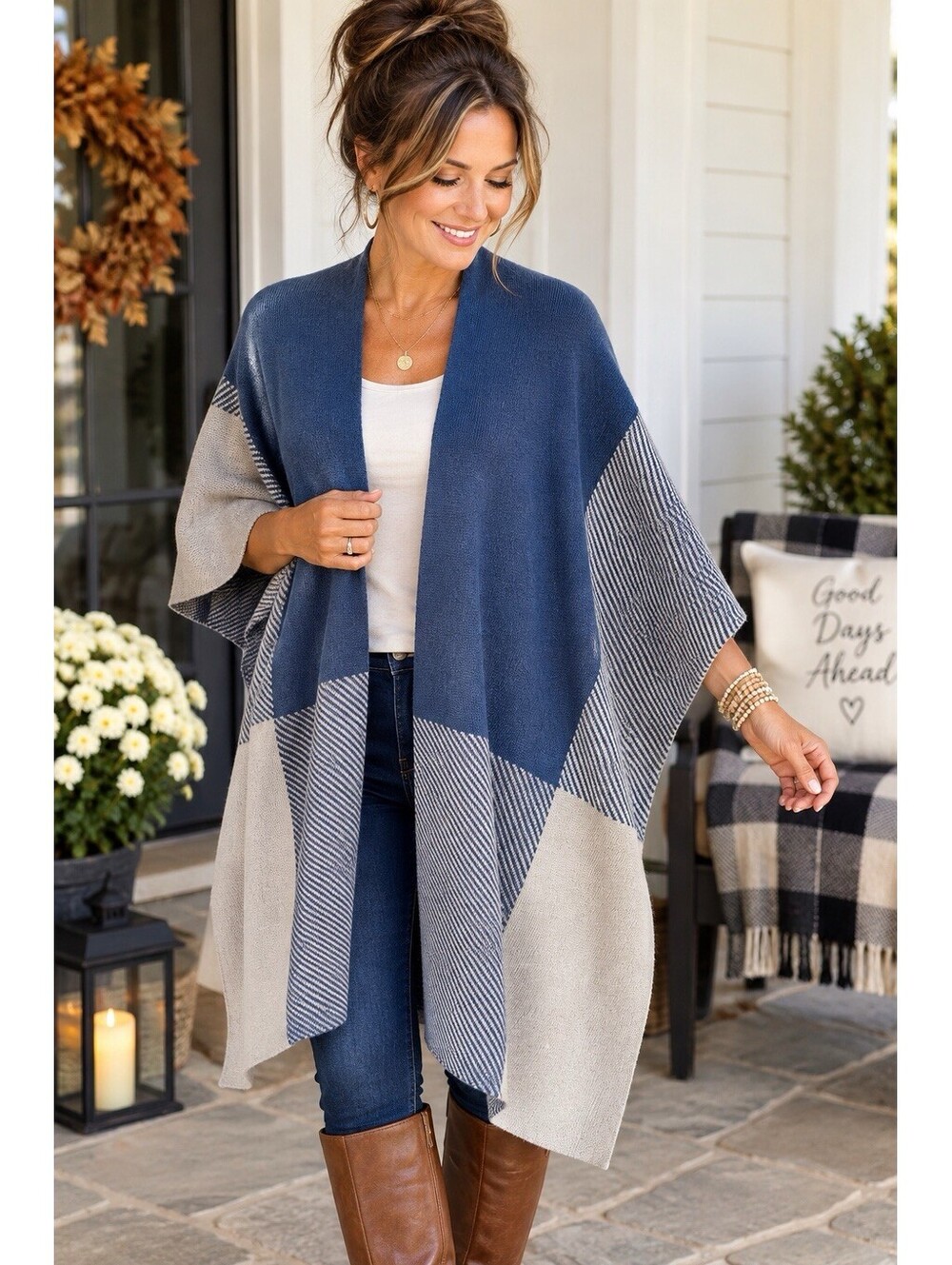 Coldwater Creek Ruana Wrap One Size Blue Gray Colorblock Striped Open Front